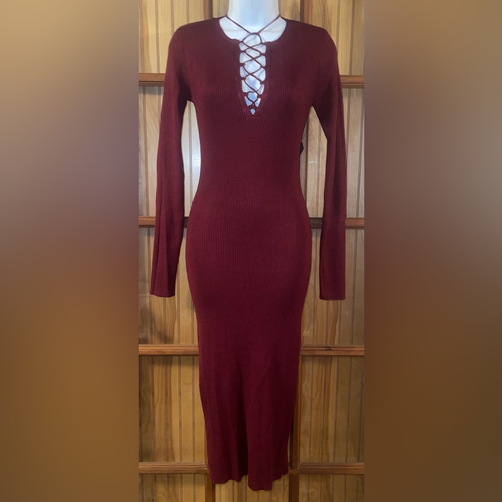 Elegant Burgundy Lace-Up Sweater Dress